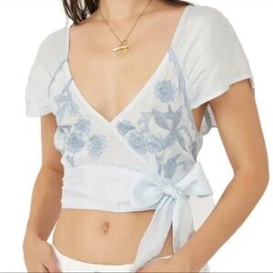 Free People Sahara Floral Embroidered Raglan Sleeve l Crop Top Size S NWT